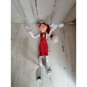 Annalee tall red standing elf mistletoe vintage overalls Xmas home‎ decor